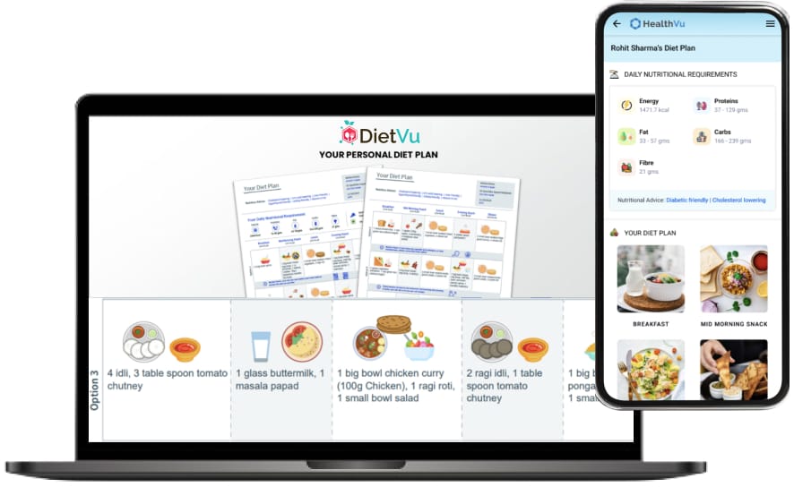 The screenshot of the DietVu app on a mobile phone and a desktop.