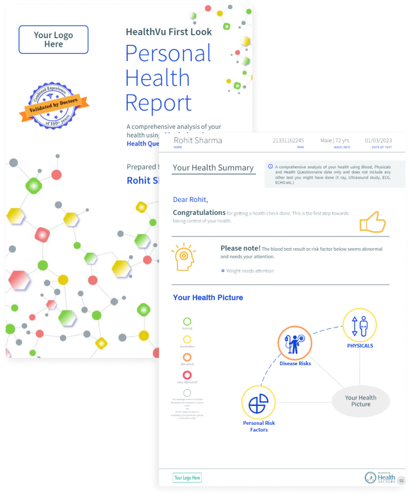 Image of client's HealthVU personal health report collaged with a health analysis and feedback.