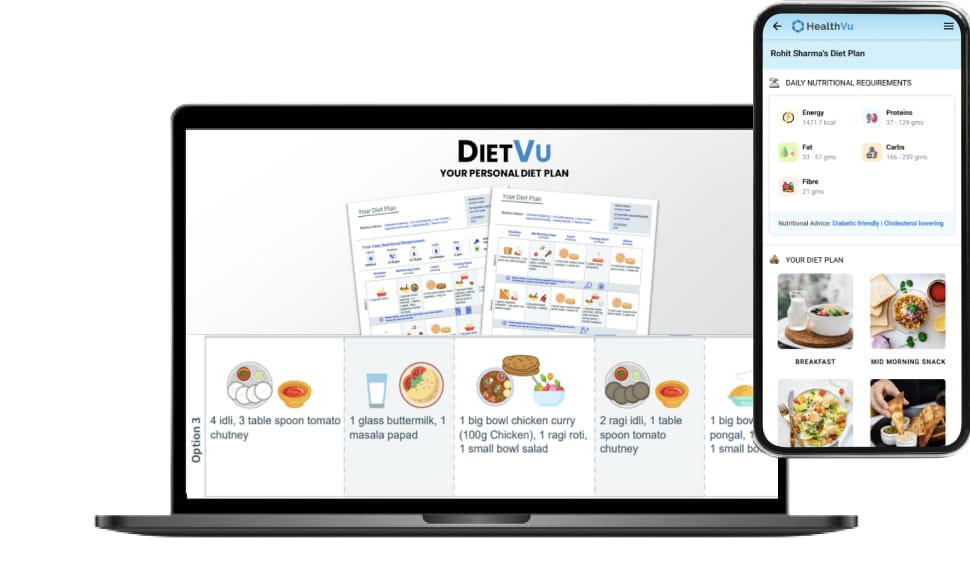 The screenshot of the DietVu app on a mobile phone and a desktop.